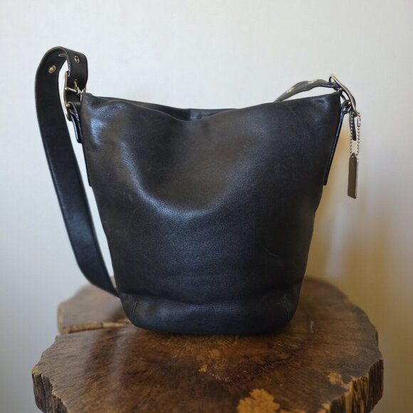 Vintage Coach Legacy Gloved Tan 9186 Black Leather Bucket Shoulder Bag Hobo - Picture 16 of 16